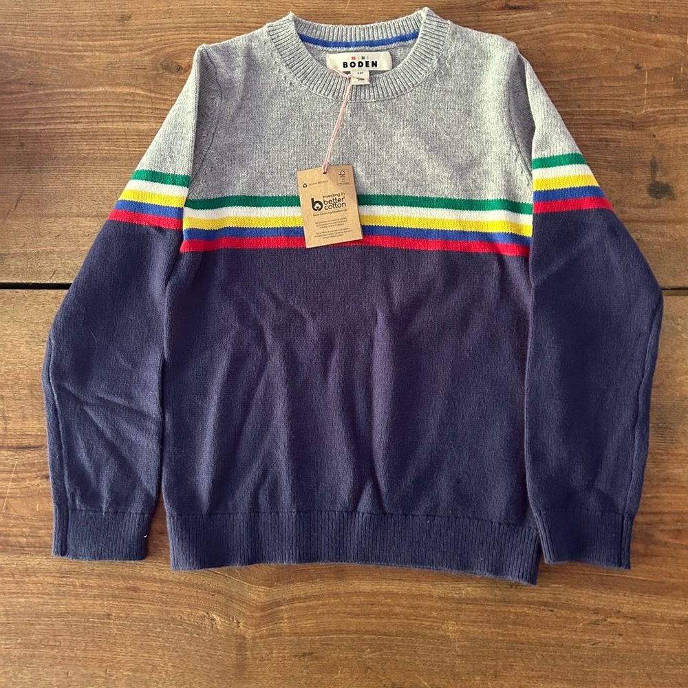Mini Boden Boys Gray & Navy Rainbow Stripe Sweater Jumper - NWT - 7-8 yr